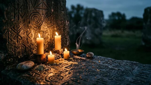 Burning candles placed on ancient stone with carved runes at twilight. Sacred rituals and mystic meditation setting in nature. Spiritual belief and old tradition.