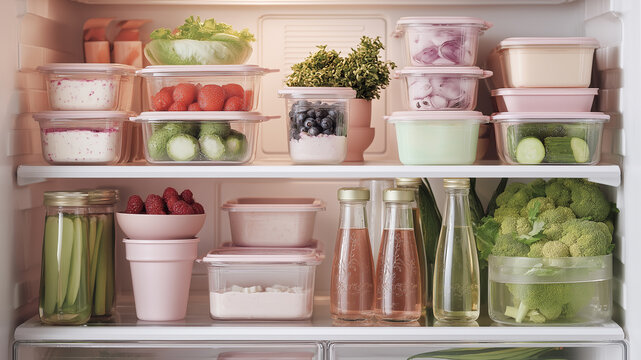Organized refrigerator with fresh vegetables and food containers. Healthy meal prep storage with transparent boxes and drinks. Modern kitchen fridge interior