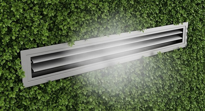 Modern metal linear air vent grille installed in a green garden wall covered with lush ivy leaves