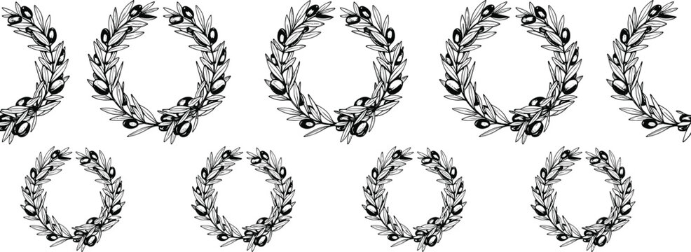 Olive wreath vector set with hand drawn laurel branches circular crown frames for victory peace logo emblem design templates