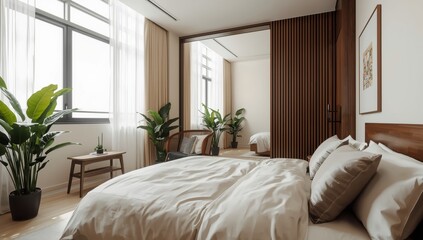 Fototapeta premium City homestay featuring a bed, curtains, windows, plants, and a chair. Simple bedroom decor.