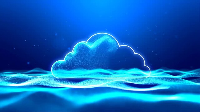 Cloud computing energy with glowing blue flows merging and minimax featuring technology, data, storage with server and network elements for abstract,