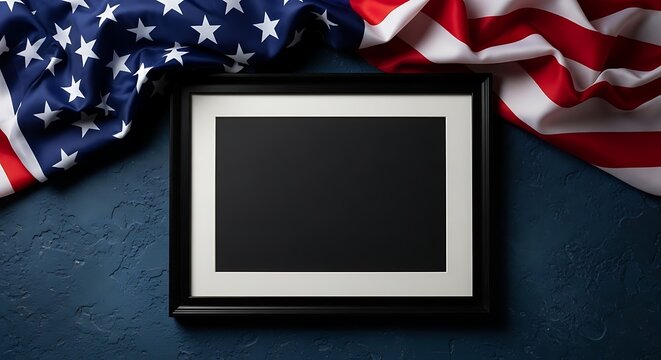 American flag picture frame mockup on a rustic dark blue background