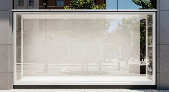 A high-resolution realistic storefront mockup featuring a large glass display window reflecting the street under bright natural daylight, boutique, mockup, frame