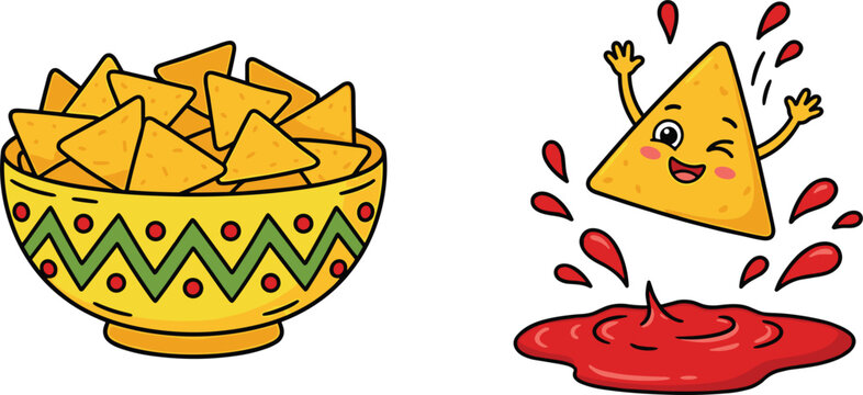 Mexican Tortilla Chips Vector Illustration Featuring a Bowl of Crunchy Nachos and Cute Smiling Nacho Character Splashing into Spicy Red Salsa Dip for Restaurant Menus and Party Food Designs