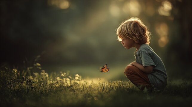 Curious young child crouching in a sunlit meadow observing a bright orange butterfly in nature