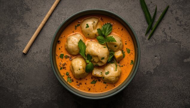 Coconut curry dumpling soup on a gray surface, overhead, with space for text. Red curry wontons.
