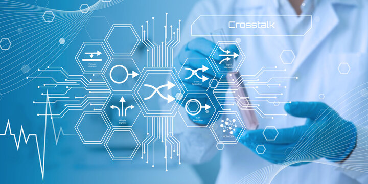 Medical professional using futuristic technology interface with interconnected health data symbols and crosstalk communication elements
