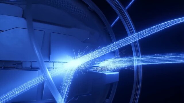 Magnetic field plasma glow interacting with curved metallic shapes inside futuristic tunnel in blue tech background