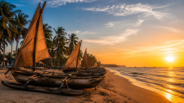 Traditional wooden catamaran fishing boats on the sandy shore of Negombo beach at sunrise Sri Lanka