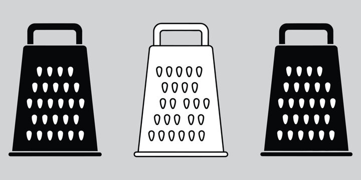 Three kitchen graters in black and white vector silhouette on a neutral background for food preparation