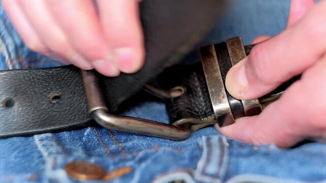 Person fastening leather strap carefully. Focused shot capturing fingers threading leather strap through metal buckle and keeper