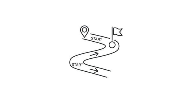 Outline icon depicting a winding path with "START" text, a location pin, and a flag marker indicating a journey or route, isolated white background.