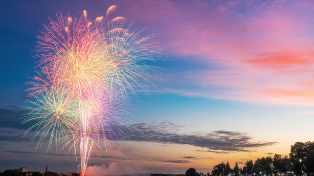 Spectacular colorful fireworks explode in twilight sky celebration event