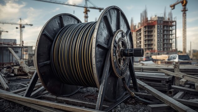 Detailed view of a big industrial spool of electrical wire. Tools and supplies for building and maintenance. Development of a contemporary housing project.