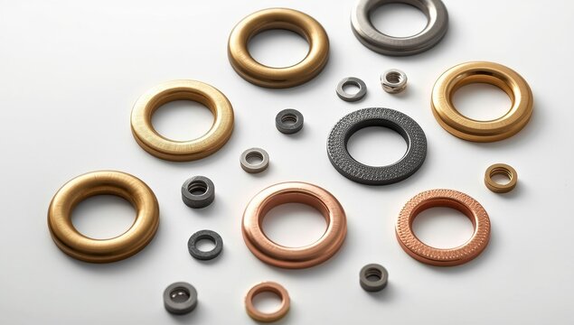 Eyelets displayed on a white backdrop. Metal, satin brass, steel, gold, and copper grommets for canvas, tarps, tents, and tags.
