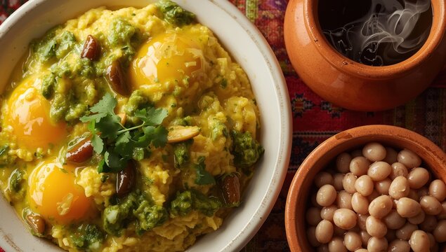 Eggs in green sauce. A standard Mexican breakfast of spicy scrambled eggs, often served with beans and coffee.