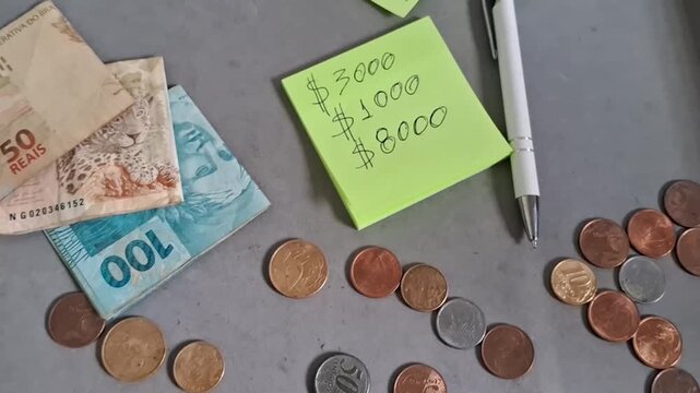Brazilian currency notes and coins lying near a sticky note with handwritten financial savings goals listed