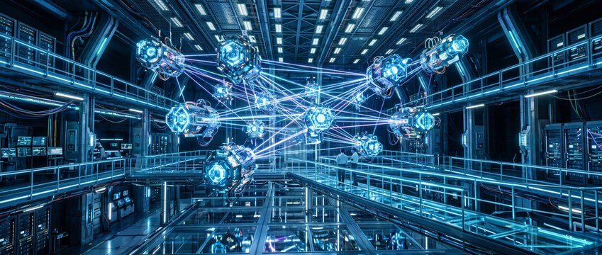 Futuristic data center server room with glowing blue holographic network connection nodes