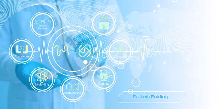 Modern illustration showing key concepts related to protein folding and molecular biology research