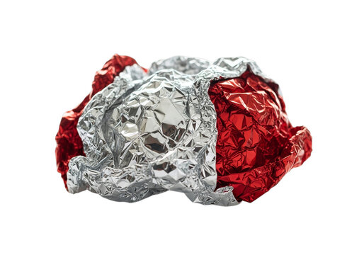 Crushed red and silver foil candy wrapper isolated on transparent background