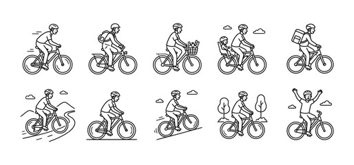 Fototapeta premium A collection of line art illustrations depicting people riding bicycles in various poses. Vector illustration