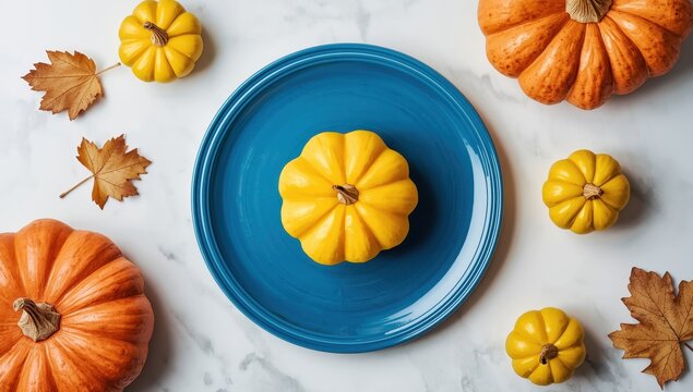 Yellow pattypan squash on a blue plate atop a white marble table. Overhead view, seasonal harvest theme.
