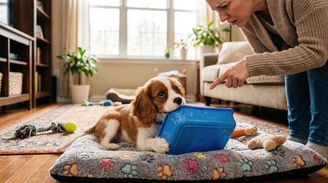 Adorable cavalier puppy gnawing on a plastic litter box on its bed. Mischievous pet, destructive actions, damaging belongings. Dog gazes up, frightened, as owner reprimands it.