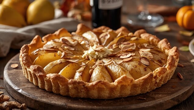 Close-up of a high-quality pie made with phyllo pastry, pear, gorgonzola, almond, and honey.
