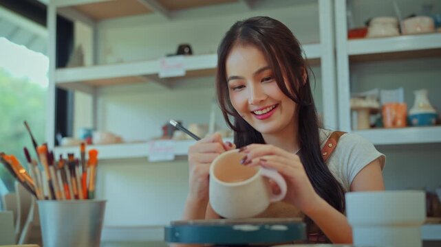 Asian woman painting ceramic art and pottery designs in her studio &ndash; happy artisan potter sitting with handmade tools, enjoying sculpting process and creative small business lifestyle