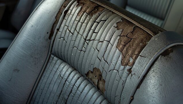 Detailed view of heavily damaged light gray leather car seat exhibiting wear from extended use.