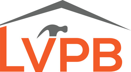Construction Logo with Hammer and Roof: A modern graphic logo featuring the letters LVPB in orange, with a hammer integrated into the 'B', all under a stylized gray roofline. © BAPPE PK