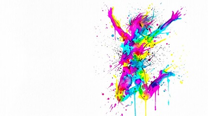 Obraz premium Dynamic abstract silhouette of a jumping person in neon watercolor splatters