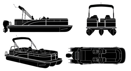 Pontoon Boat Blueprint Silhouettes - Top, Side, Front, and Perspective Views © Yumna