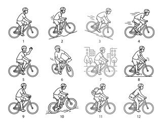 Naklejka premium Black and white illustration of a man riding a bicycle in different positions Vector, illustration