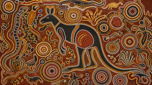 Traditional Australian Aboriginal Dot Painting Kangaroo Print, Flat Earth Ochres on Linen for Indigenous Decor