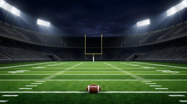 American football stadium with green field and goal post at night