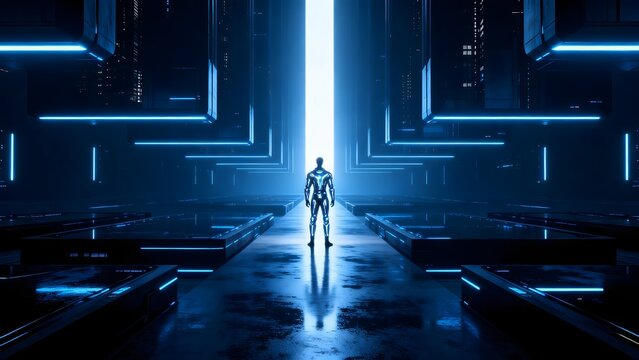 Futuristic corridor with humanoid figure
