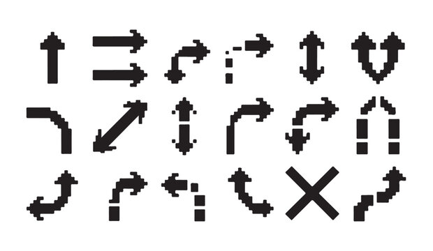 Graphic collection of various pixel art arrow shapes and directional path route symbols.