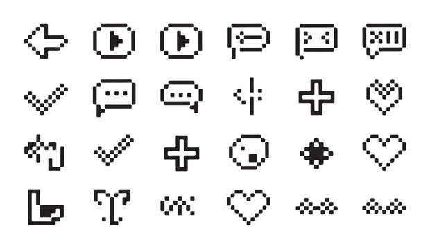 Pixel art icon set with cursors arrows speech bubbles and hearts for retro digital design.
