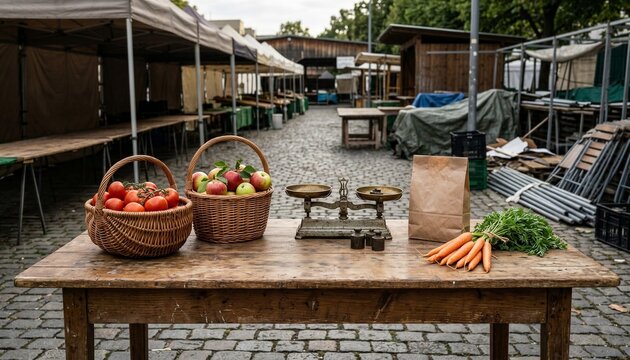 Outdoor Market Table With Fresh Produce Background