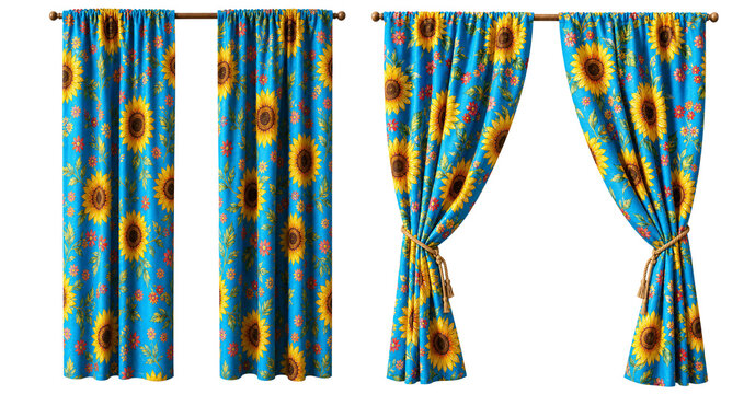 Decora&ccedil;&atilde;o de festa junina, cortina floral azul com girass&oacute;is isolado em fundo transparente 