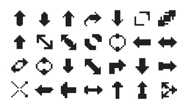 Black pixelated arrow icons showing various directions for navigation and interface design.