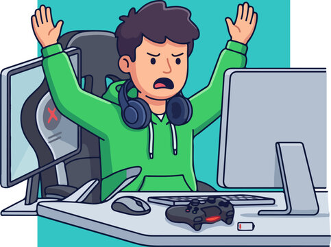 Man wearing headphones frustrated gaming.