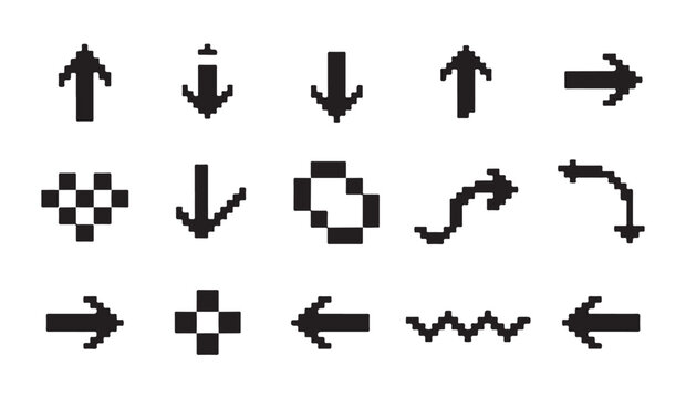 Pixel art arrow collection for retro computer interface design and vintage gaming assets.