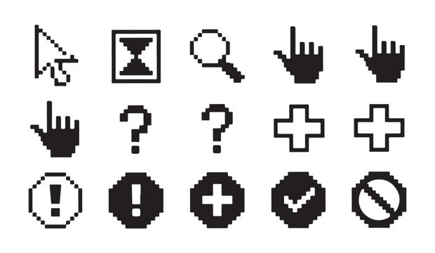 Pixel art cursor icon set for computer mouse pointer and digital user interface elements.