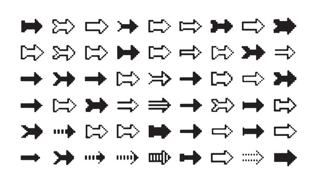 Comprehensive collection of pixel arrow pointers in various styles for menu and navigation.