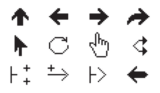Pixel art computer cursor and arrow icon collection for retro gaming and software interface.