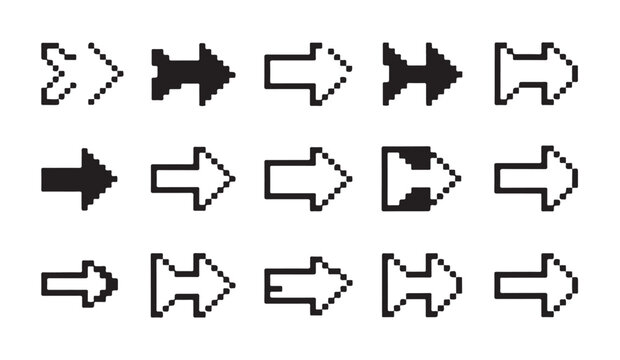 Retro pixelated directional arrow pointers set for arcade style game menu and web interface.