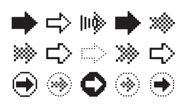 Set of black pixel style arrow icons for website navigation and directional ui elements.